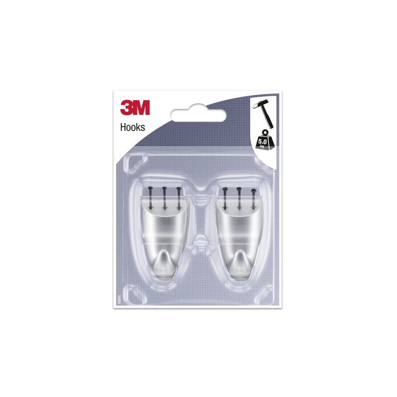 3M Pack de 2 Ganchos para Clavar - Formato M - Soporta hasta 5kg - Color Gris Metalizado
