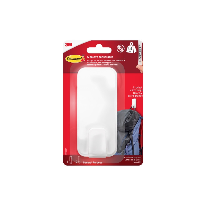 Command Gancho para Objetos Pesados - 2 Tiras Adhesivas - Extragrande - Soporta hasta 4.5kg - Color Blanco