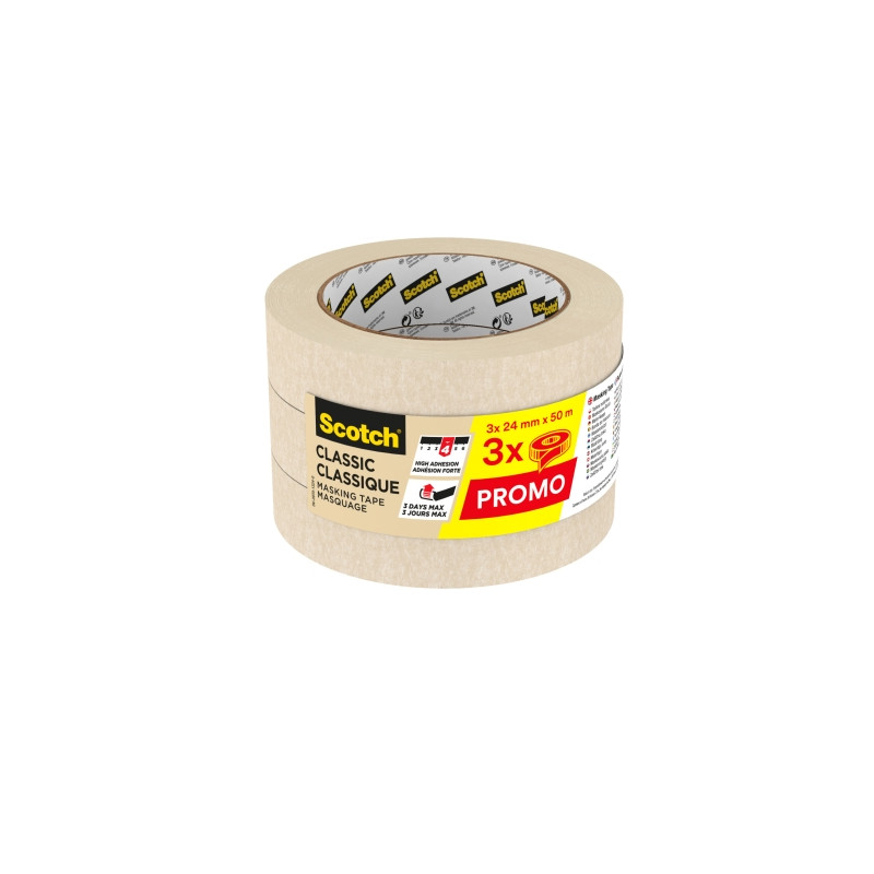 Scotch Classic Pack de 3 Cintas de Enmascarar - 24mm x 50m - Color Blanco
