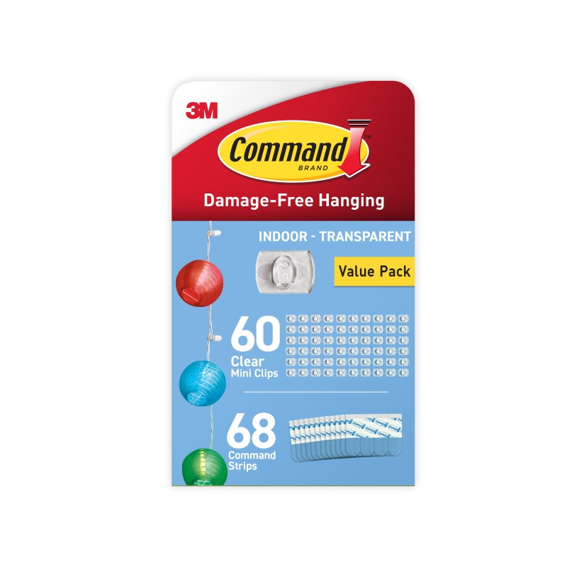 Command Clip Mini Pack de 60 Ganchos para Cable - 68 Tiras Adhesivas - Uso en Interior - Retirada Sin Deteriorar la Superficie
