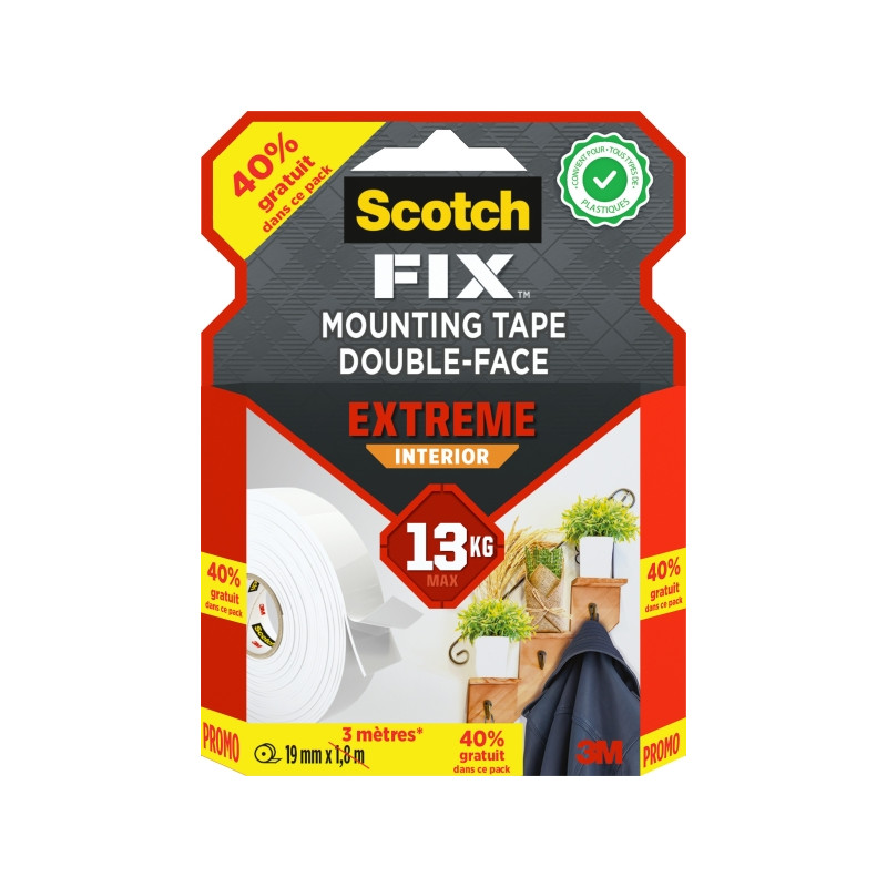 Scotch-Fix Cinta de Montaje para Interior Extremo de Doble Cara - Promocion 40% Gratis - 19 mm x 3m - Color Blanco