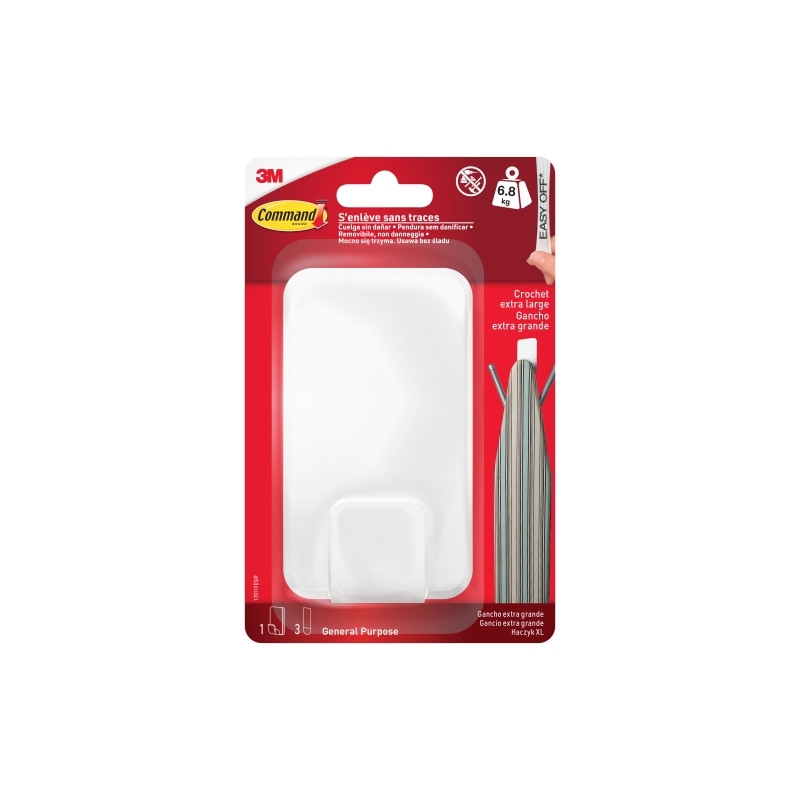 Command Gancho para Objetos Pesados - 3 Tiras Adhesivas - Extragrande - Soporta hasta 6.8kg - Color Blanco