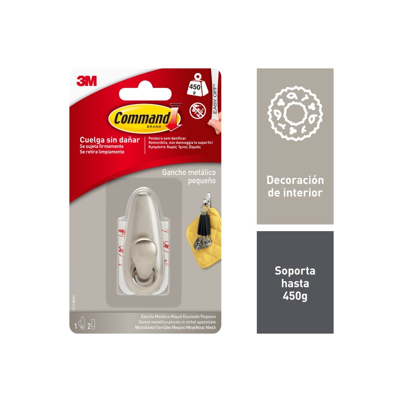 Command Forever Gancho Metalico Compacto - Talla S - 2 Tiras Adhesivas - Soporta hasta 0.45kg - Color Niquel Pulido