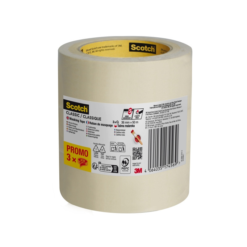 Scotch Classic Cinta de Enmascarar - 36mm x 50m - 70% PEFC - Color Blanco