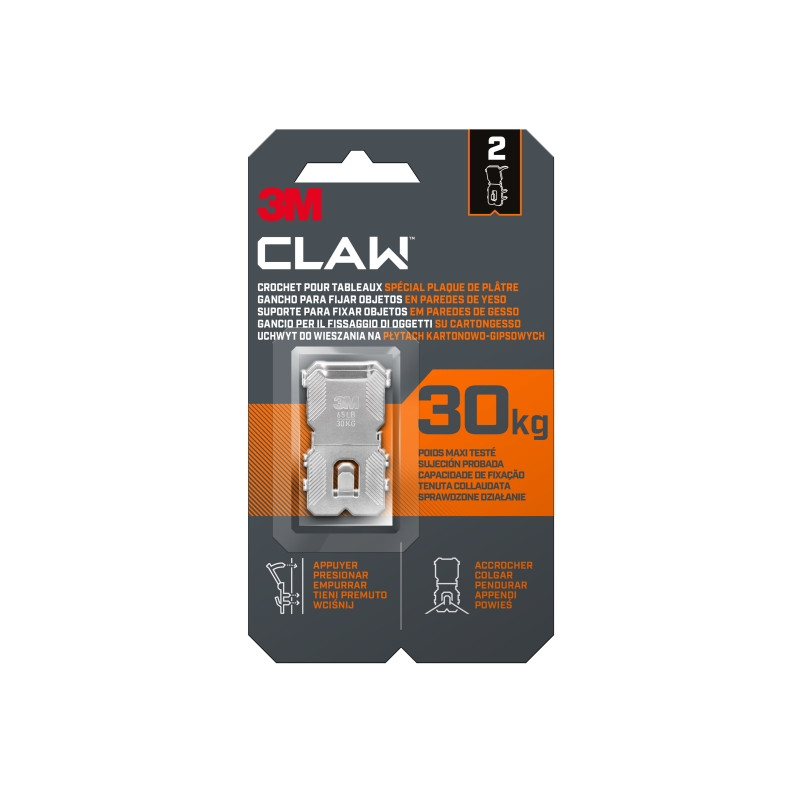 3M Claw Pack de 2 Ganchos de Metal para Paredes de Yeso - Soporta hasta 30kg - Color Gris/Titanio
