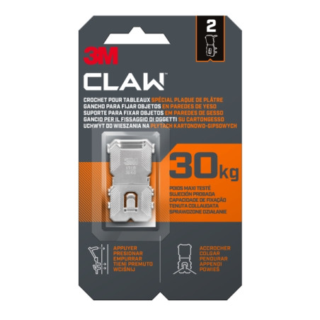 3M Claw Pack de 2 Ganchos de Metal para Paredes de Yeso - Soporta hasta 30kg - Color Gris/Titanio