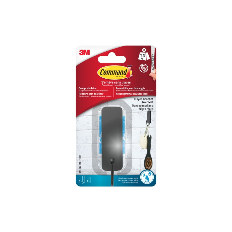 Command Gancho Medianos para Aseo - 2 Tiras Adhesivas - Resistente al Agua - Soporta hasta 1.3kg - Color Negro Mate