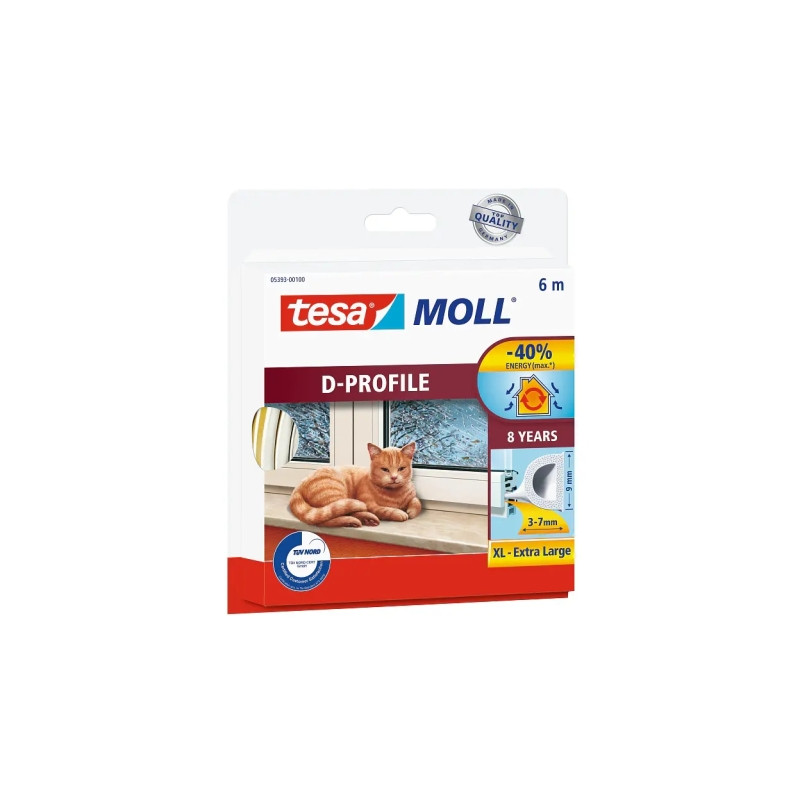 Tesa Moll Classic D-Perfil Burlete para Ventanas Perfil D 6m x 9mm x 4mm - Color Blanco