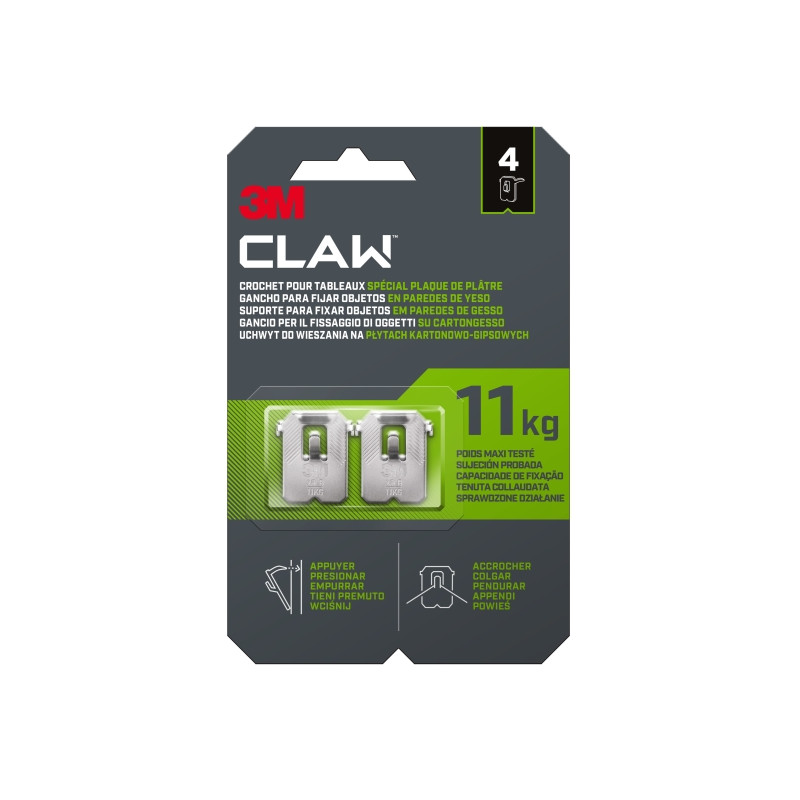 3M Claw Pack de 4 Ganchos de Metal para Paredes de Yeso - Soporta hasta 11kg - Color Gris/Titanio