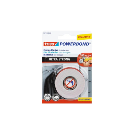 Tesa Ultra Strong Cinta Adhesiva de Doble Cara Ultra Fuerte 19mm x 1.5m - Color Blanco