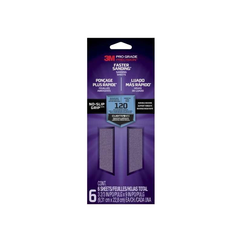 3M Pro Grade Precision Faster Pack de 6 Hojas de Lijado - Grano 120 Mediano - 9.31x22.8cm - Rendimiento Superior - Reduccion de