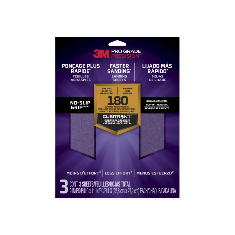 3M Pro Grade Precision Pack de 3 Hojas de Lijado - Grano 180 Fino - 22.8x27.9cm - Rendimiento Superior - Reduccion de Fatiga