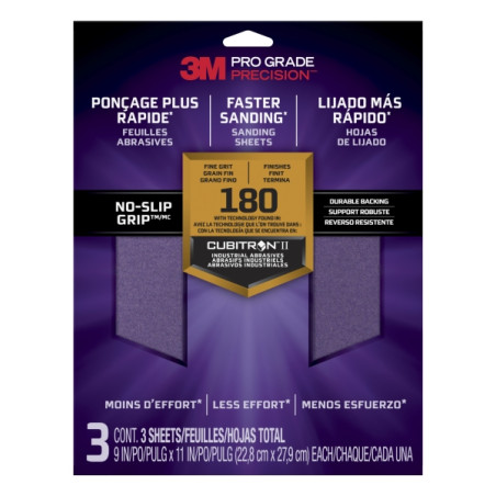3M Pro Grade Precision Pack de 3 Hojas de Lijado - Grano 180 Fino - 22.8x27.9cm - Rendimiento Superior - Reduccion de Fatiga
