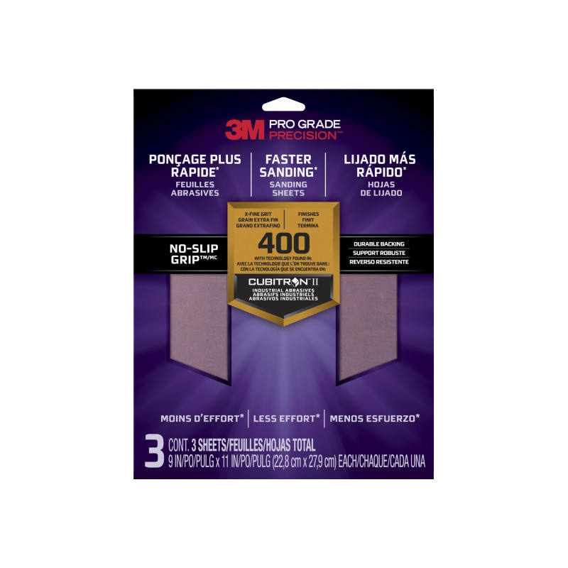 3M Pro Grade Precision Pack de 3 Hojas de Lijado - Grano 400 Extrafino - 22.8x27.9cm - Rendimiento Superior - Reduccion de