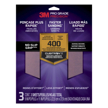 3M Pro Grade Precision Pack de 3 Hojas de Lijado - Grano 400 Extrafino - 22.8x27.9cm - Rendimiento Superior - Reduccion de