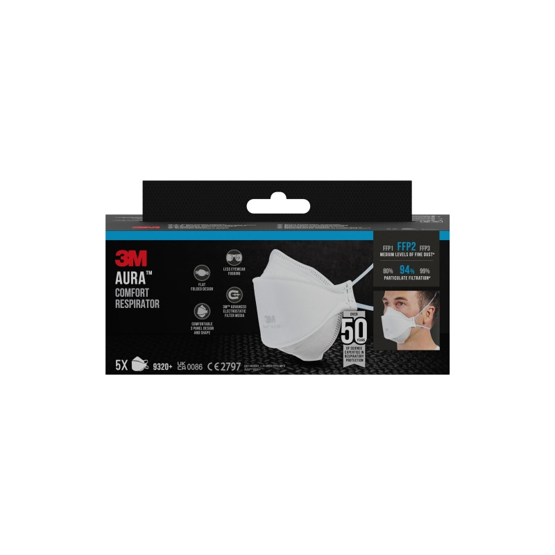 Aura Pack de 5 Mascarillas para Particulas FFP2 - Desechable - Sin Valvula - Para Niveles Medios de Particulas - Color Blanco 3M