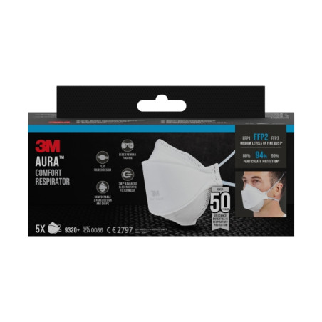Aura Pack de 5 Mascarillas para Particulas FFP2 - Desechable - Sin Valvula - Para Niveles Medios de Particulas - Color Blanco 3M