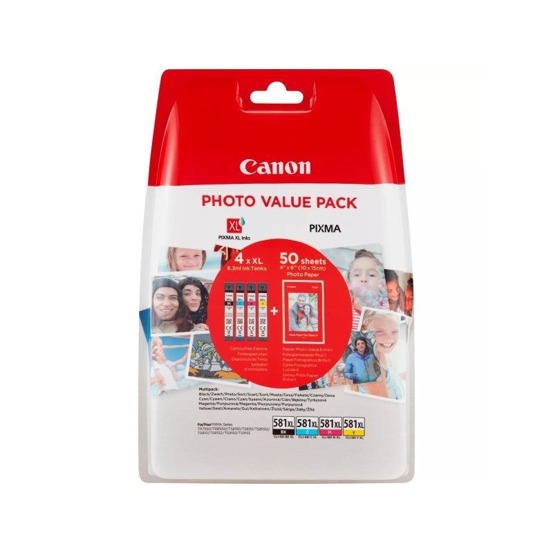 CLI581XL Pack de 4 Cartuchos de Tinta CANON Original - 50 Hojas de Papel Fotografico - 2052C004/2052C006