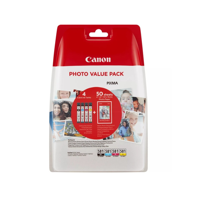 CLI581 Pack de 4 Cartuchos de Tinta CANON Original - 50 Hojas de Papel Fotografico - 2106C005/2106C006