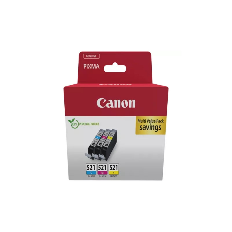 CLI521 Pack de 3 Cartuchos de Tinta CANON Original - Cian, Magenta, Amarillo - 2934B015/2934B010