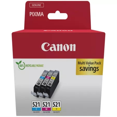 CLI521 Pack de 3 Cartuchos de Tinta CANON Original - Cian, Magenta, Amarillo - 2934B015/2934B010