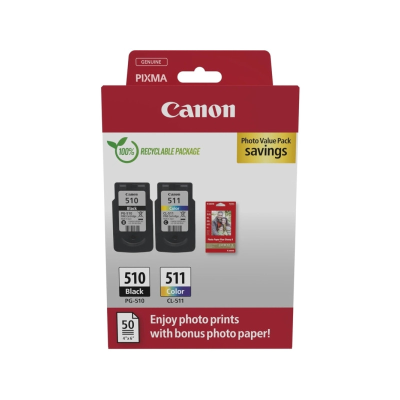 PG-510/CL-511 Multipack de 2 Cartuchos de Tinta Originales + 50 Hojas de Papel Fotografico CANON - 2970B017