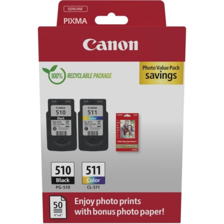 PG-510/CL-511 Multipack de 2 Cartuchos de Tinta Originales + 50 Hojas de Papel Fotografico CANON - 2970B017