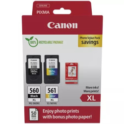 PG560XL Negro + CL561XL Color Pack de 2 Cartuchos de Tinta CANON Original - 50 Hojas de Papel Fotografico - 3712C008/3712C004