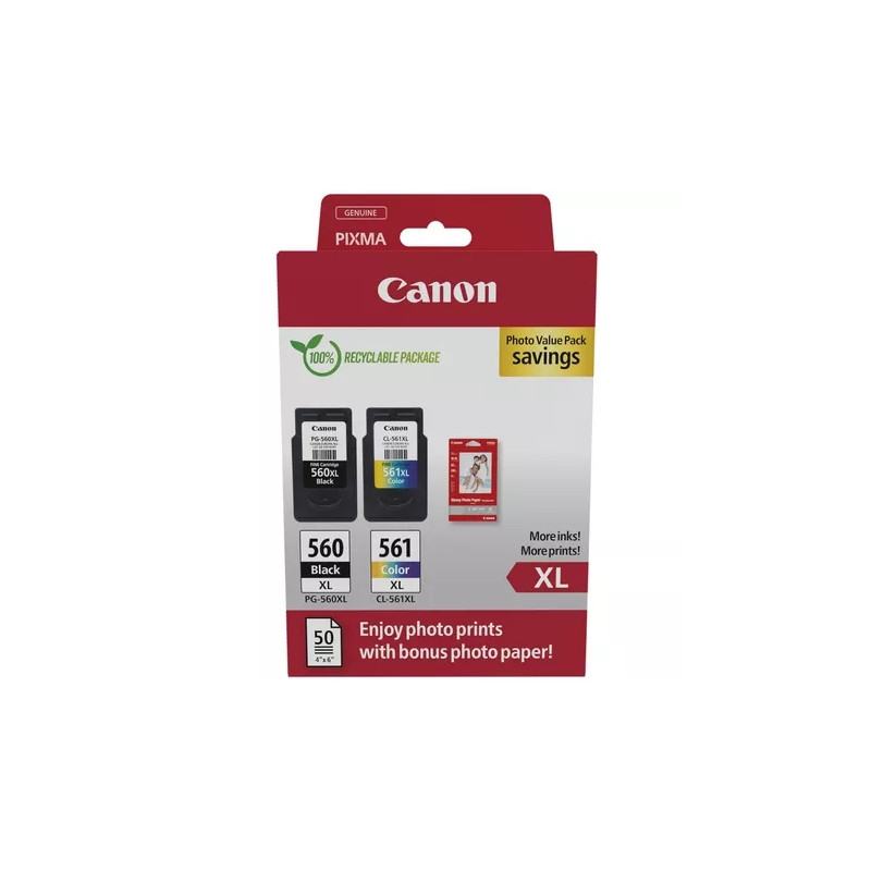 PG560XL Negro + CL561XL Color Pack de 2 Cartuchos de Tinta CANON Original - 50 Hojas de Papel Fotografico - 3712C008/3712C004