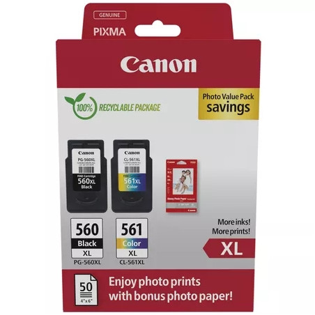 PG560XL Negro + CL561XL Color Pack de 2 Cartuchos de Tinta CANON Original - 50 Hojas de Papel Fotografico - 3712C008/3712C004