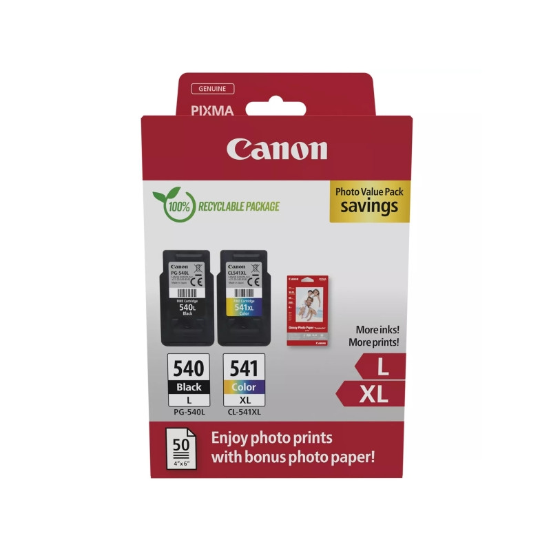 PG540L Negro + CL541XL Color Pack de 2 Cartuchos de Tinta CANON Original - 50 Hojas de Papel Fotografico