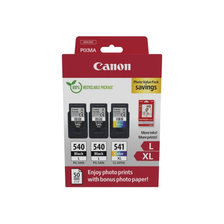 PG540L Negro + CL541XL Color Pack de 3 Cartuchos de Tinta Originales + 50 Hojas de Papel Fotografico CANON - 5224B015
