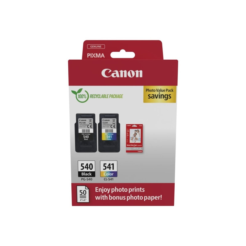 PG540 Negro + CL541 Color Pack de 2 Cartuchos de Tinta Originales + 50 Hojas de Papel Fotografico CANON - 5225B013