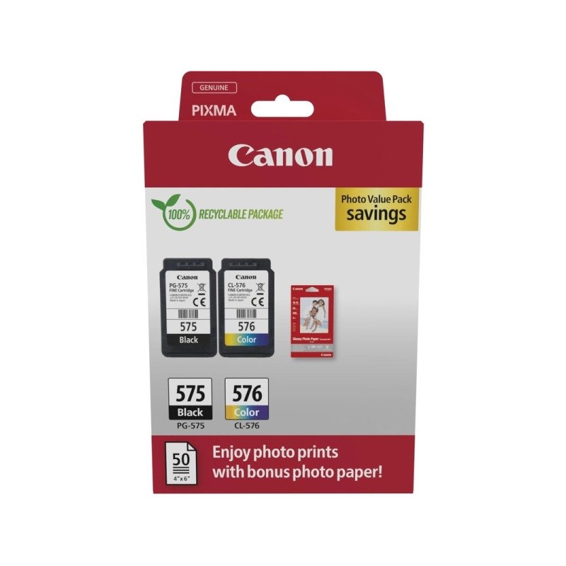 PG575/CL576 Pack de 2 Cartuchos de Tinta Originales + 50 Hojas de Papel Fotografico CANON - 5438C004