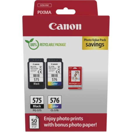 PG575/CL576 Pack de 2 Cartuchos de Tinta Originales + 50 Hojas de Papel Fotografico CANON - 5438C004