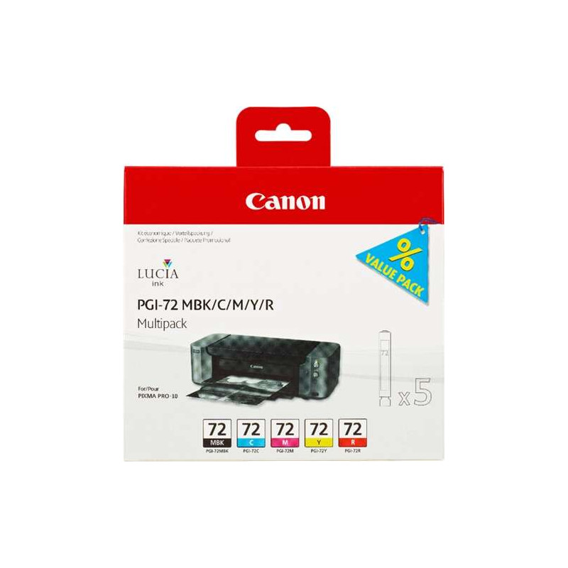 PGI72 Pack de 5 Cartuchos de Tinta CANON Original - Negro Mate, Cyan, Magenta, Amarillo, Rojo - 6402B009