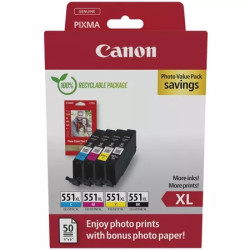 CLI551XL Pack de 4 Cartuchos de Tinta Originales + 50 Hojas de Papel Fotografico CANON - 6443B008/6443B006