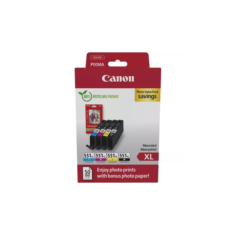 CLI551XL Pack de 4 Cartuchos de Tinta Originales + 50 Hojas de Papel Fotografico CANON - 6443B008/6443B006