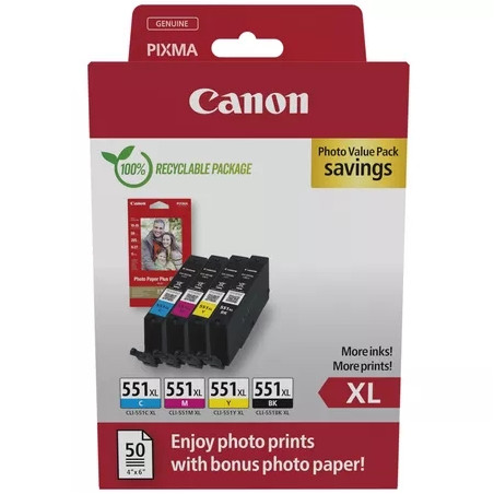 CLI551XL Pack de 4 Cartuchos de Tinta Originales + 50 Hojas de Papel Fotografico CANON - 6443B008/6443B006