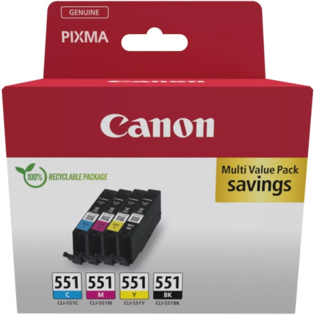 CLI551 Multipack de 4 Cartuchos de Tinta Originales Negro, Cyan, Magenta y Amarillo CANON - 6509B015