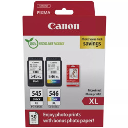 PG545XL Negro + CL546XL Color Pack de 2 Cartuchos de Tinta Originales + 50 Hojas de Papel Fotografico CANON - 8286B011/8286B006