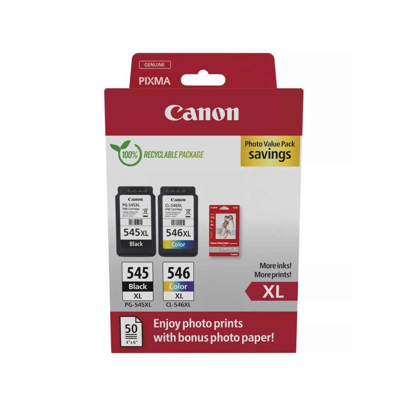 PG545XL Negro + CL546XL Color Pack de 2 Cartuchos de Tinta Originales + 50 Hojas de Papel Fotografico CANON - 8286B011/8286B006