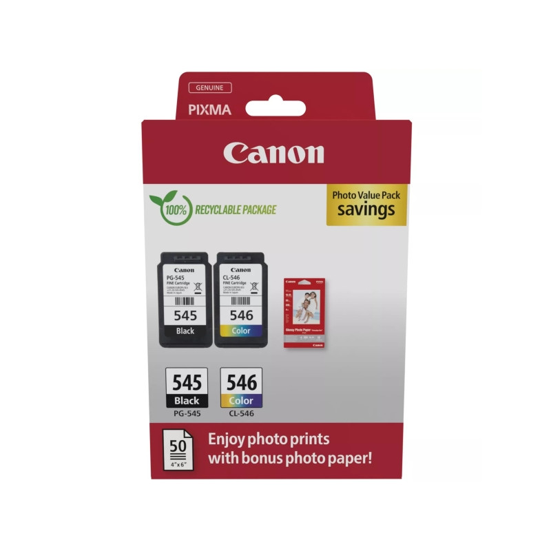 PG545 Negro + CL546 Color Pack de Cartuchos de Tinta Originales + 50 Hojas de Papel Fotografico CANON