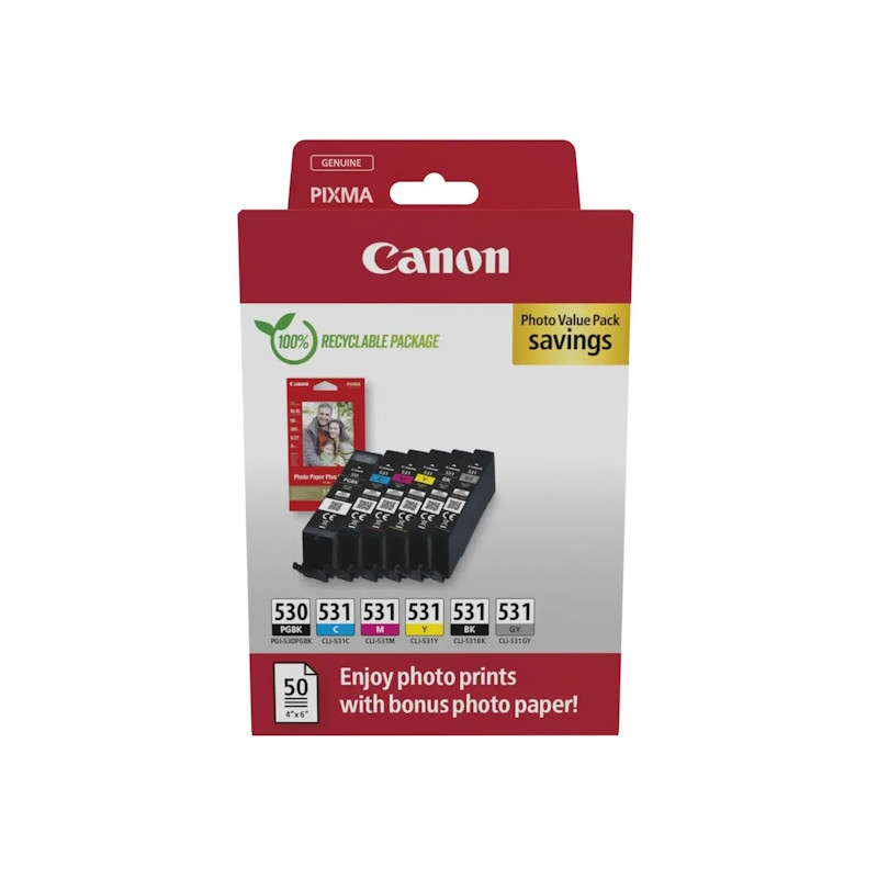 PGI530/CLI531 Pack de 6 Cartuchos de Tinta Originales + 50 Hojas de Papel Fotografico 10x15cm CANON - 6117C004