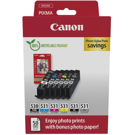 PGI530/CLI531 Pack de 6 Cartuchos de Tinta Originales + 50 Hojas de Papel Fotografico 10x15cm CANON - 6117C004