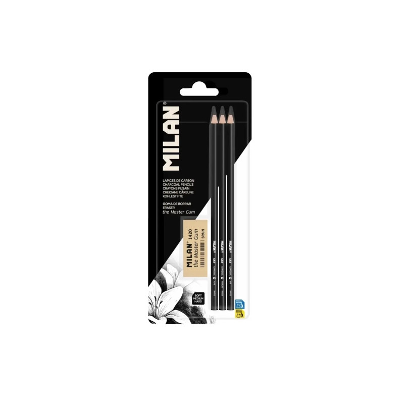 Milan Art Pack de 3 Lapices de Carboncillo + Goma The